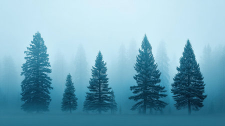 A tranquil misty forest scene showcasing tall evergreen trees shrouded in fog, creating an ethereal atmosphere with soft blue tones perfect for nature enthusiasts.の素材