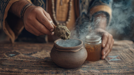 Explore the serene atmosphere of a traditional herbal ritual, featuring a close-up of a hand delicately handling plant material above a clay pot, creating a mystical experience.の素材