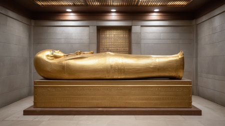 A stunning golden sarcophagus of an ancient Egyptian pharaoh rests in an archaeological museum, showcasing intricate craftsmanship and rich historical significance.の素材
