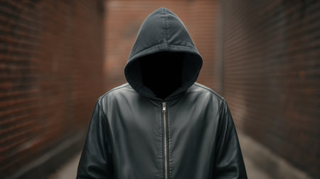 A haunting image of a hooded figure in a dark alley, creating an atmosphere of mystery and intrigue. The featureless face evokes thoughts of anonymity and isolation.の素材