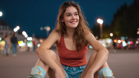 A smiling young woman sits casually on the street at night, surrounded by city lights, embodying joy and relaxation in a lively urban setting.の素材