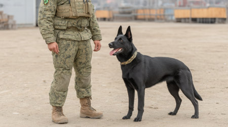 A dedicated military personal stands with their working dog on sandy terrain, illustrating the vital bond between service members and their loyal canine companions in duty.の素材