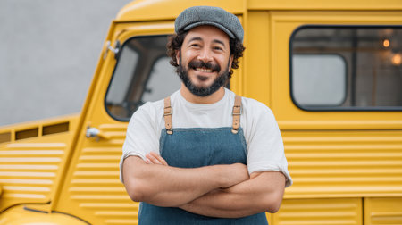 A cheerful man stands confidently in a blue apron and cap, embodying friendliness in front of a bright yellow food truck, perfect for food enthusiasts and entrepreneurs.の素材