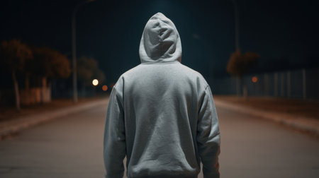 A lone figure in a gray hoodie stands on a deserted street at night, illuminated by distant streetlights, evoking feelings of solitude and introspection in an urban setting.の素材