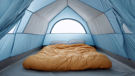 A serene tent interior featuring a soft bed with a warm orange blanket, ideal for comforting camping experiences and peaceful nature retreats. Perfect for travelers.の素材