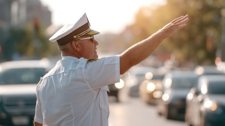 A police officer stands confidently on an urban street, gesturing traffic to stop as vehicles pass by during a beautiful sunset, emphasizing safety and duty.の素材