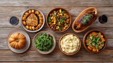 A beautifully arranged festive table featuring roasted chicken, vibrant seasonal vegetables, creamy mashed potatoes, and a decorative pumpkin, perfect for gatherings.の素材
