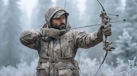 A determined hunter in winter attire aims a compound bow, surrounded by a serene, frosty forest, embodying the spirit of outdoor adventure and skillful archery.の素材
