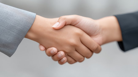 A close-up of two hands engaged in a professional handshake, symbolizing partnership and mutual respect in a business environment, showcasing collaboration and trust.の素材