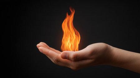 An artistic representation of a hand cradling a vibrant flame, showcasing the interplay of light and shadow in a striking contrast against a deep black background.の素材