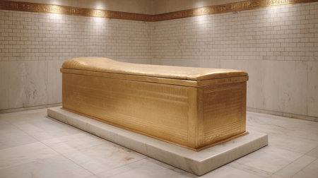 A golden sarcophagus rests majestically on a marble base in a softly lit chamber, showcasing intricate designs that evoke ancient Egyptian heritage and timeless elegance.の素材