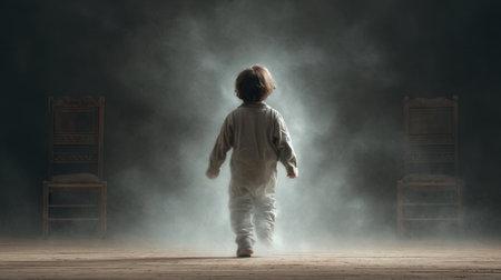 A child walks into a foggy atmosphere, evoking mystery and curiosity. The scene features empty chairs, enhancing the sense of solitude and exploration in an artistic setting.の素材