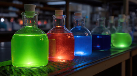 A captivating scene featuring illuminated glass bottles in a laboratory. The vibrant colored liquids highlight the essence of scientific exploration and experimentation.の素材
