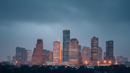 Stunning view of a modern urban skyline in Houston, Texas during dusk. Overcast sky highlights the vibrant city lights, showcasing urban beauty and architectural design.の素材