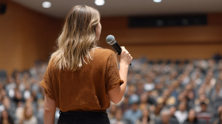 A young woman stands confidently with a microphone, delivering a speech to a large audience in a conference setting, embodying engagement and communication.の素材