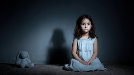 A young girl in a blue dress sits quietly in a dim room, exuding calm and solitude, with a toy bunny beside her, capturing the essence of innocence and contemplation.の素材