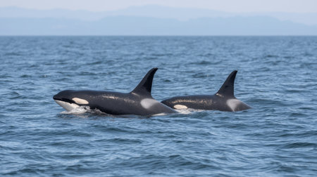This captivating image features two orcas swimming together in tranquil waters, showcasing their sleek bodies against a backdrop of distant mountains and clear skies.の素材