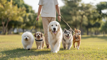 A person enjoys a joyful moment walking five dogs of various breeds in a sunlit park. The scene captures the bond between pets and their owner amidst nature's beauty.の素材