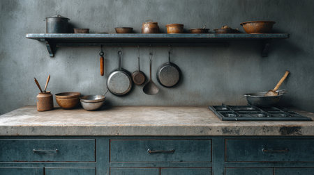 Explore a rustic kitchen scene with wooden utensils and vintage cookware arranged beautifully on shelves, showcasing warmth and inviting ambiance perfect for culinary enthusiasts.の素材