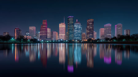 This breathtaking image captures the vibrant skyline of Houston at night, with luminous buildings reflecting on calm water, creating a serene and picturesque view.の素材