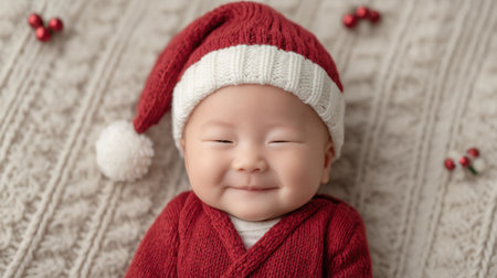A charming baby in a red knitted hat smiles adorably while resting on a soft blanket, surrounded by festive elements perfect for heartwarming winter moments.の素材