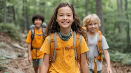 A group of cheerful children hike along a forest trail, showcasing vibrant attire and a spirit of adventure amidst lush green surroundings, promoting outdoor exploration.の素材