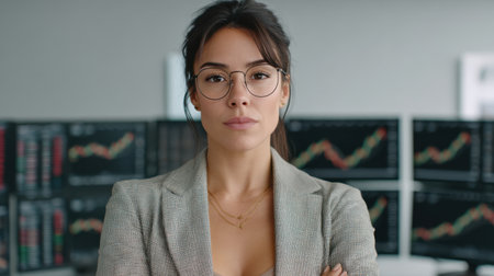 Confident businesswoman in glasses poses with arms crossed in a modern office, while stock market charts represent financial trends and professional growth.の素材