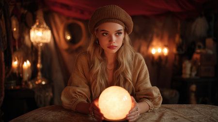 A captivating scene featuring a young woman centered around a glowing crystal ball, exuding a sense of mystery and enchantment in a candle-lit setting.の素材