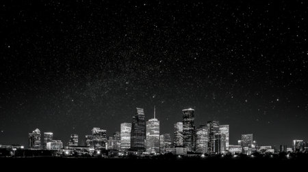 A breathtaking black and white photograph showcasing a city skyline at night, featuring twinkling stars above illuminated buildings, creating a serene urban scene.の素材