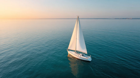 A stunning view of a single sailboat on calm waters during sunset, creating a peaceful and serene atmosphere, perfect for travel and adventure themes.の素材