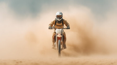 A determined rider on a dirt bike speeds through a dusty desert, embodying the thrill of adventure and freedom in an outdoor setting. Dust clouds swirl around, enhancing the dynamic moment.の素材