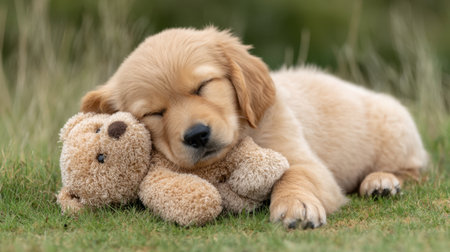 A charming golden retriever puppy cuddles with a teddy bear while sleeping on soft green grass, creating an endearing scene of innocence and comfort in nature.の素材