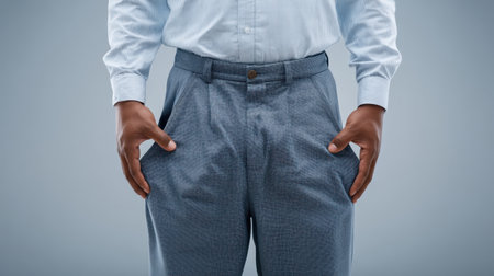 A businessman wearing a light blue shirt and gray pants stands confidently with his hands in his pockets. The neutral background emphasizes his professional and relaxed demeanor.の素材