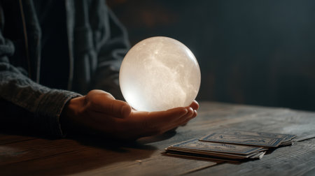 A captivating image of a crystal ball held gently in a hand, accompanied by tarot cards on a rustic wooden table. This scene creates an enchanting atmosphere perfect for themes of mysticism and insight.の素材