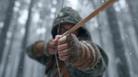 An archer prepares to release an arrow in a tranquil snowy forest, capturing the essence of winter sports, nature exploration, and the pursuit of skillful archery.の素材