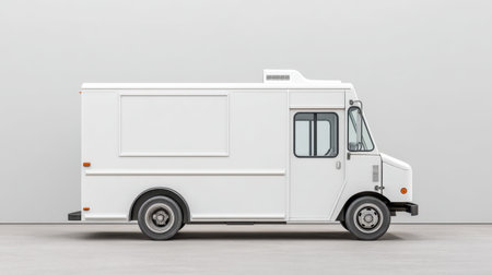 A sleek white food truck stands ready for culinary adventures, set against a minimalist background, perfect for showcasing urban dining or food delivery themes.の素材