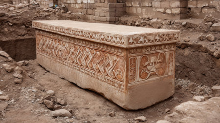 A detailed view of an ancient stone sarcophagus featuring intricate carvings, found during an archaeological excavation in a historically rich area.の素材