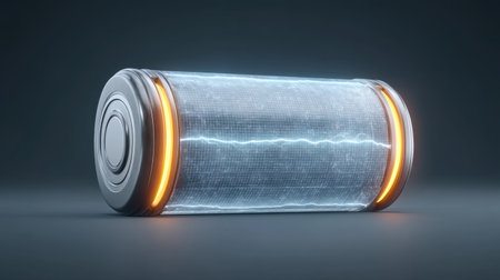 A sleek and futuristic battery design featuring neon energy flow effects, symbolizing electric power storage and innovation in modern technology and sustainability.の素材