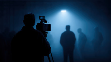 A captivating scene showcasing a cameraman capturing silhouettes of people in a dimly lit environment. The mysterious blue light creates a cinematic atmosphere full of suspense.の素材