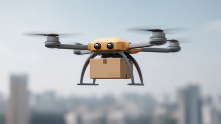 A cutting-edge drone hovers over a cityscape, equipped with a package for delivery, showcasing the integration of technology in modern logistics and urban life.の素材