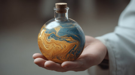 A vibrant glass bottle containing a swirling mixture of blue and orange liquid is showcased in a hand, creating an artistic impression suitable for inspiration.の素材