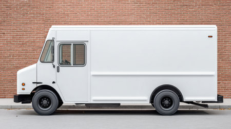 This image showcases a side view of a blank white delivery truck parked against a textured brick wall, ideal for conveying urban transportation themes and logistics.の素材