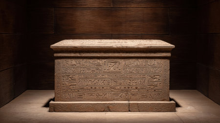 A majestic ancient Egyptian sarcophagus, intricately decorated with hieroglyphics and carvings, softly illuminated in a museum, showcasing the splendor of ancient craftsmanship.の素材
