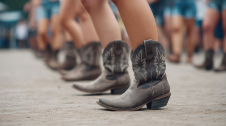 A vibrant scene captures line dancers wearing stylish cowboy boots at a lively country dance event, showcasing a mix of tradition, rhythm, and community enjoyment.の素材