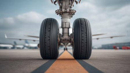 Detailed close-up of airplane landing gear tires resting on runway, showcasing tire texture with a blurred airport backdrop, capturing aviation's intricate design and technology.の素材