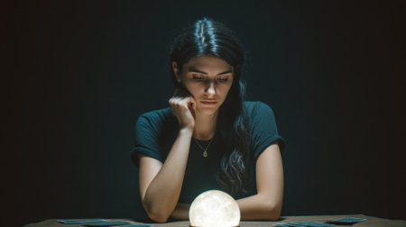 A thoughtful woman studies a glowing crystal ball amidst tarot cards, embodying a moment of introspection and exploration of mysticism in a beautifully dark setting.の素材
