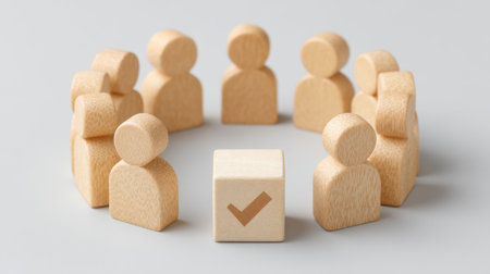A visual representation of teamwork and decision-making, featuring wooden figurines in a circle around a checkmark, symbolizing unity and collaborative effort in a project.の素材