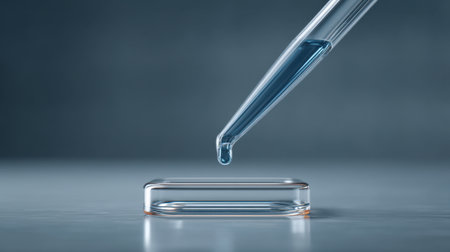 A close-up view of a pipette releasing a drop of blue liquid onto a clear slide, illustrating precision in scientific experiments and research in laboratory environments.の素材