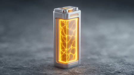 This image showcases a futuristic rechargeable battery with glowing energy lines, emphasizing innovation and modern technology in energy solutions and power management.の素材