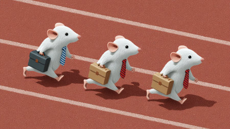 Three animated mice in business attire race on a track, symbolizing competition and teamwork in a playful and humorous manner, perfect for creative projects.の素材